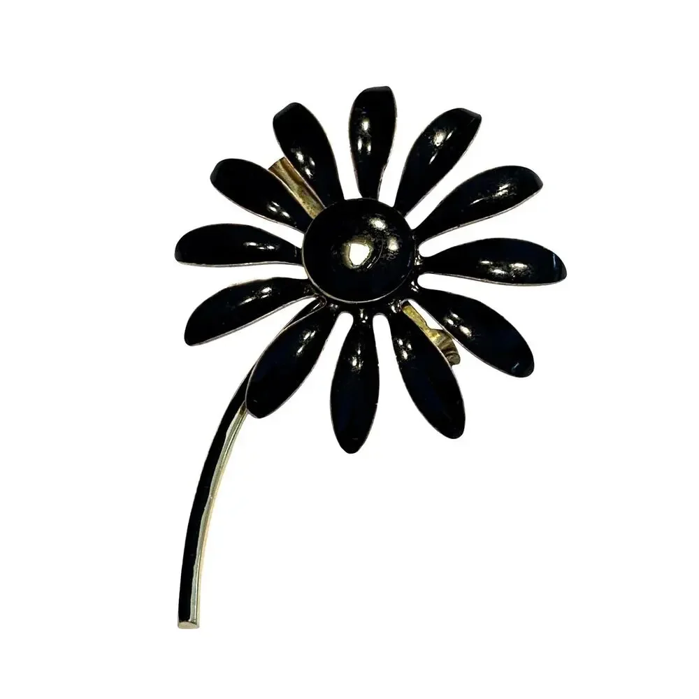 Vintage Mid Century flower power brooch mod gold tone & black enamel daisy